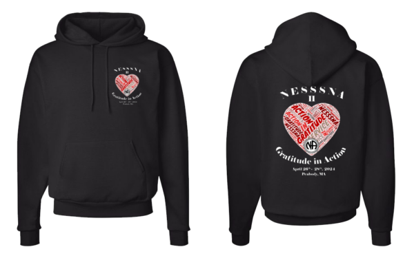 front and back images of a black hooded sweatshirt with event logo