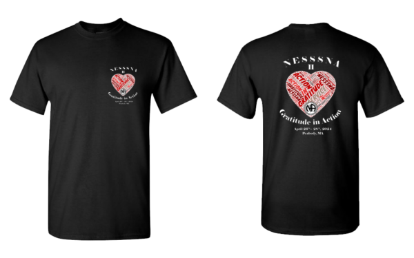 front and back images of a black t-shirt with event logo