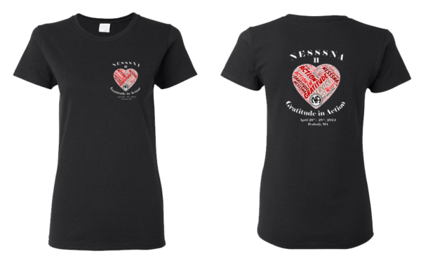 front and back images of a black women's t-shirt with an event logo